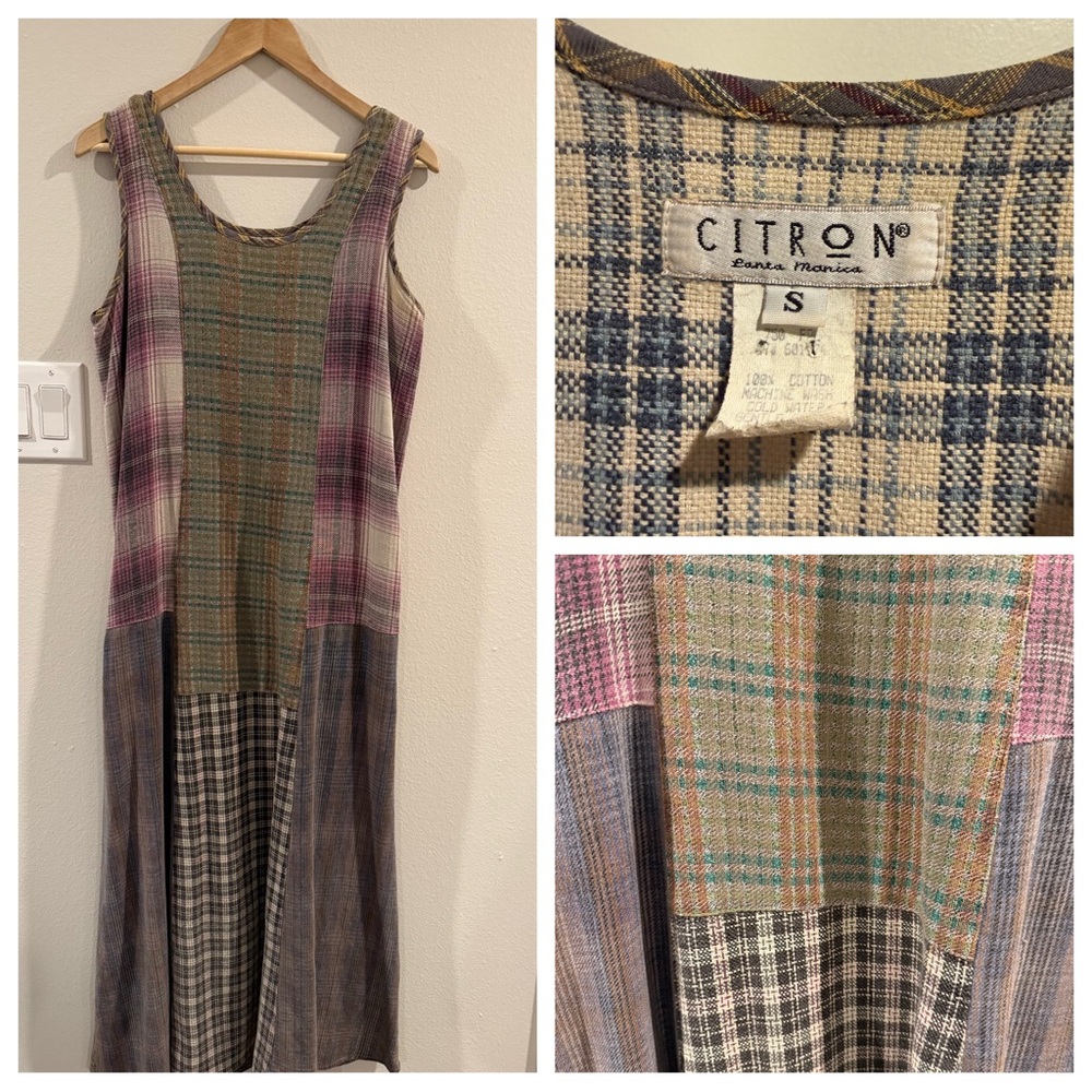 Vintage Citron Santa Monica Patchwork Plaid Linen Cotton Maxi Dress Size S